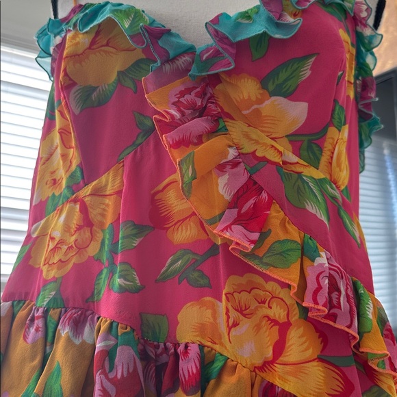 Betsey Johnson NWT Rare Vintage Silk Pink Yellow Roses Tiered Ruffle Maxi Dress - Picture 13 of 14